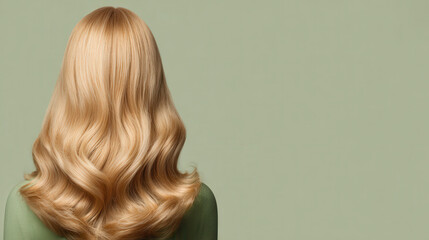 Naklejka premium Golden Waves: Long, flowing blonde hair cascades down a woman's back, showcasing its healthy shine and luxurious texture against a muted green backdrop. 