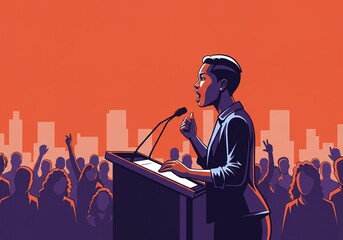 Female Orator Delivering a Motivational Speech with Cityscape Backdrop - Vibrant orange and purple tones, suitable for concepts of leadership, advocacy, community engagement, or urban development.