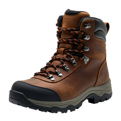 Close-up of a sturdy brown leather hiking boot with black and orange laces on a white background, perfect for Autumn & Winter Outdoor Activities.
