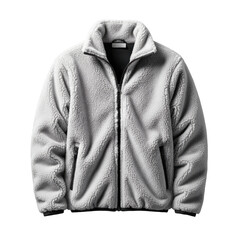 Cozy light grey fleece sherpa jacket with black zippers on a plain background, Winter Apparel