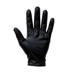 Single black disposable protective glove lying flat on a clean white background, symbolizing hygiene and safety.