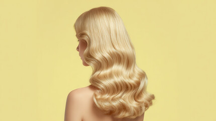Fototapeta premium Golden Waves: A woman with long, flowing blonde hair styled in elegant waves, viewed from behind against a pastel yellow background. The image focuses on the beauty and texture of the hair. 