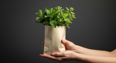 Two hands gently hold a paper bag overflowing with fresh mint and oregano sprigs