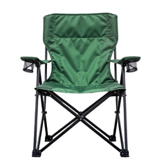 Green folding outdoor chair with cup holders on a paved surface against a white wall, Camping Gear.