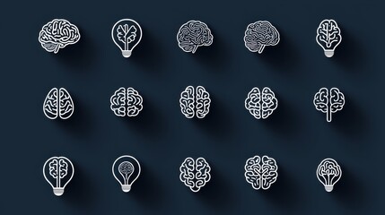 A collection of stylized brain icons and symbols conveying various aspects of cognition intelligence and the complex workings of the human mind