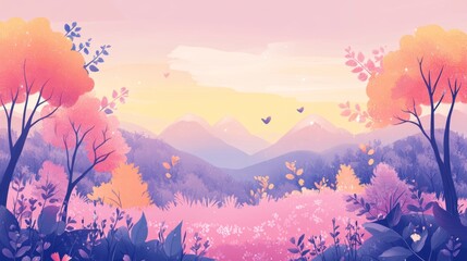 Serene Landscape with Pastel Hues, A Dreamy Mountain Scenery Illustration