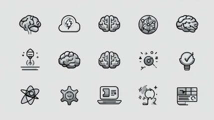 A collection of icons depicting various aspects of the brain technology and their connection to intelligence creativity and scientific progress