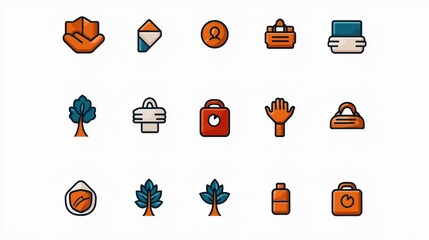 A collection of 14 minimalist icons depicting various business and finance related concepts including an arrow envelope user profile briefcase credit card tree scissors suitcase hand balance scale