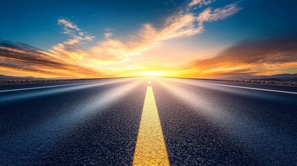 A sunlit road stretches toward the horizon under a vibrant sky filled with scattered clouds during sunset or sunrise.