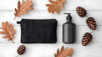 Black cosmetic bag and pump bottle with autumn leaves and pinecones flat lay product photography