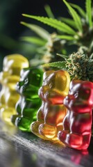 Colorful gummy bears lined up against a backdrop of lush cannabis leaves, showcasing a vibrant combination of sweets and natural elements that create a unique visual appeal.