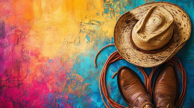 Western wear featuring a cowboy hat and leather boots against bright, colorful backdrop - Powered by Adobe