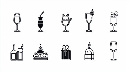 Set of stylized monochrome icons depicting different types of beverages and drinking glasses including wine cocktails and champagne