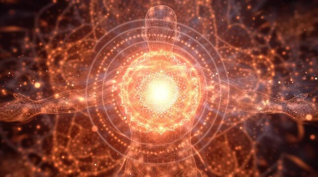 Glowing bioenergetic chakra system radiating atomic energy along a human silhouette. Futuristic and spiritual&mdash;perfect for wellness visuals, energy healing, meditation, and quantum consciousness themes