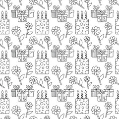 Seamless birthday party pattern in outline style on white background. Perfect for wrapping paper, invitations, packaging, and festive decorations.