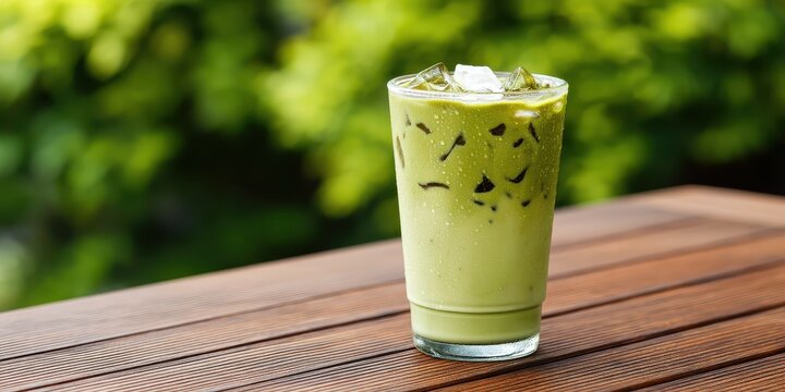 Iced matcha latte in a clear glass with ice cubes on a wooden table, set against a blurred green foliage background.