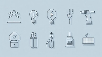 A collection of various electrical and construction related icons including tools power sources and other equipment used for electrical work maintenance and building projects