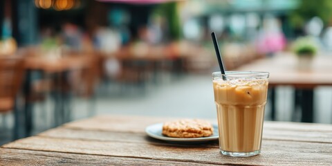 Iced coffee with a straw and a cookie on a wooden table in an outdoor cafe setting with blurred background.