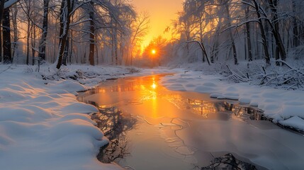 Golden sunrise illuminates frosted forest and icy stream winter snow