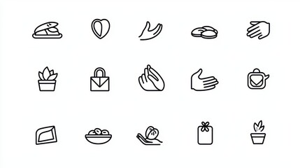 A set of simple black and white hand gesture icons and symbols representing various concepts such as support care protection assistance nature technology and more in a minimalist outline design