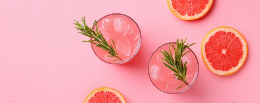 Two glasses of pink grapefruit cocktail with rosemary garnish on a pink background, accompanied by fresh grapefruit halves.