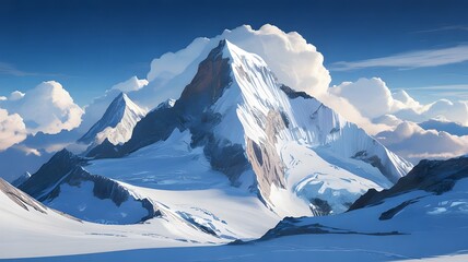 Majestic snow covered mountain peaks under a blue sky with clouds image