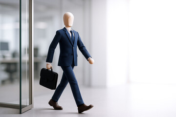 Mannequin dressed in formal suit walking in office environment with briefcase, conveying sense of daily work routine and stress but also moments of relaxation