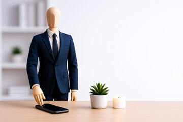 Mannequin dressed in formal suit stands on desk with tablet, potted plant, and candle, creating scene that evokes daily work routine and stress with touch of relaxation in modern office setting