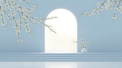 Serene architectural archway with delicate blossoms blue white