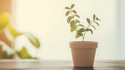 Small green plant in terracotta pot on wooden surface potted plant green leaves