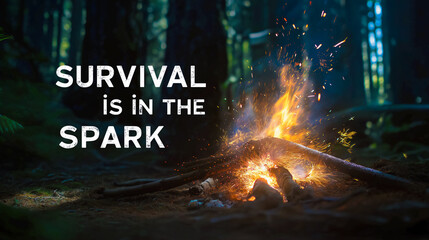 A campfire crackles with vibrant sparks flying in a serene forest. Dimly lit surroundings enhance the allure of wilderness. Concept of survival training, camping adventure, outdoor exploration