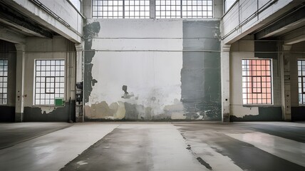 Vast industrial interior with grimy walls and large windows factory warehouse