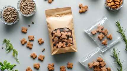 Natural dog treats in eco-friendly packaging with clear windows and fresh herbs.