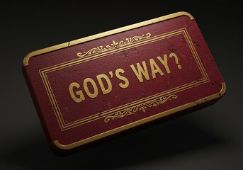 "GOD'S WAY?" Embossed Text on Vintage Red Book or Box - Mysterious and philosophical concept, ideal for themes of faith, spirituality, divine guidance, or ancient wisdom.