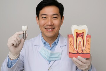 Dentist holding tooth model and implant, Asian male dentist in lab coat holds dental implant and large anatomical tooth model. Health education and dental care concept