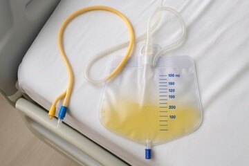 Urine catheter bag on bed, Close-up of medical urinary catheter drainage bag with yellow liquid placed on hospital bed. Transparent bag with volume markings. Patient care and hospital equipment concep