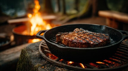 A delicious grilled steak sizzles in a cast iron skillet over an open fire, creating a rustic and inviting scene, perfect for a cozy outdoor campfire meal feast.