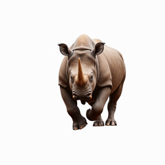 Obraz premium Powerful Rhinoceros: A captivating portrait of a rhinoceros with a prominent horn charges assertively towards the viewer, embodying raw power, and determination.