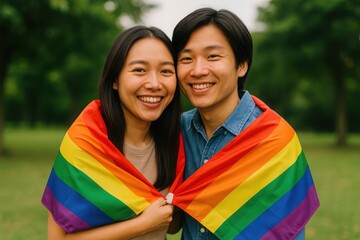 Couple with rainbow pride flag, Smiling Asian couple wrapped in rainbow pride flag poses outdoors in green park. Support for LGBTQ+ rights. Expression of love, acceptance, and equality concept