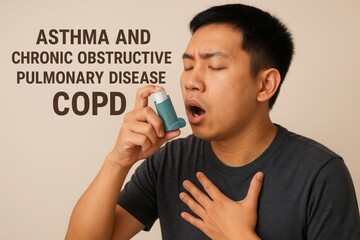 Man using inhaler for COPD, Young Asian man with closed eyes uses blue inhaler while holding chest. Text on wall highlights asthma and COPD. Indoor setting. Respiratory illness and treatment concept