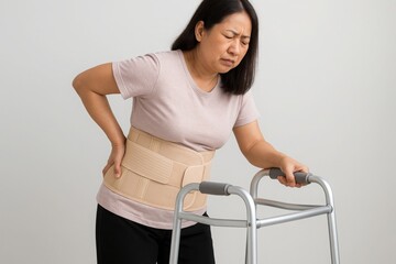 Back pain and mobility aid, Middle-aged Asian woman with back brace holds walker and shows pain expression. Standing indoors against light background. Chronic pain and mobility issue concept