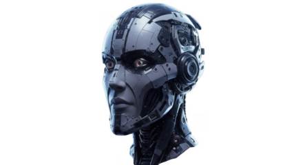 A futuristic cyborg head with detailed metallic features, looking forward against white.