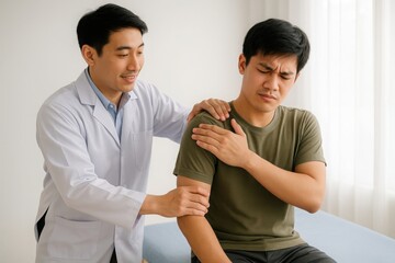 Shoulder pain assessment, Young Asian man holding shoulder in pain during examination by male doctor in clinic. Physical therapy session. Musculoskeletal disorder and healthcare concept