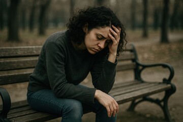 Sad woman on bench, Sad young woman with curly dark hair sits alone on a bench in a park. She rests her head on her hand. Cold muted tones. Emotion of depression and loneliness concept