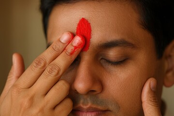 Man applying tilak, Young Indian man with closed eyes applies red tilak on forehead using fingers. Close-up shot. Natural lighting. Cultural ritual. Hindu tradition and spiritual symbolism