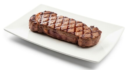 A perfectly grilled steak with crosshatch grill marks rests on a white rectangular plate