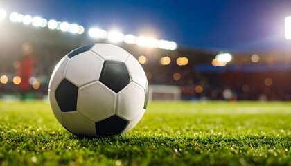 Fototapeta premium Soccer Ball on the Field at Night Stadium Lights and Thrilling Atmosphere