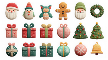 Festive christmas ornaments and gifts are isolated on transparent background