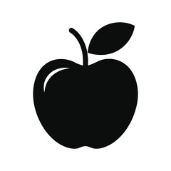 Black Apple Icon: A simple, bold black silhouette of an apple with a leaf, representing health, knowledge, or freshness.  