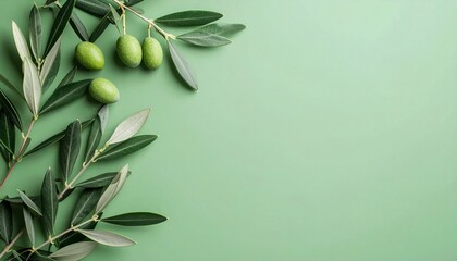 Elegant olive branch flat lay on soft green background for food ads